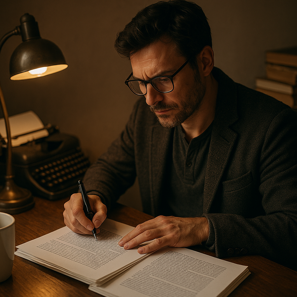 Autore al lavoro su un manoscritto