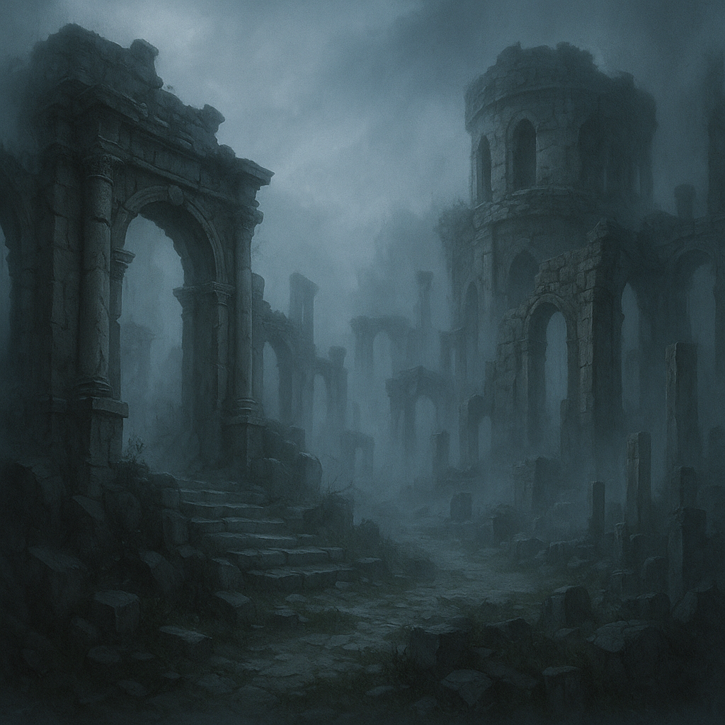 Rovine antiche nella nebbia