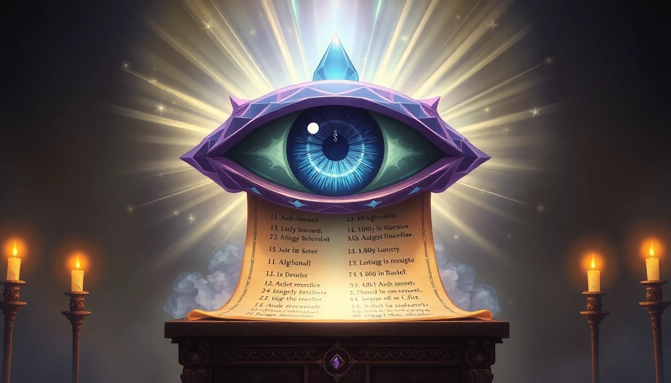 Altare magico con pergamena fluttuante e occhio di cristallo