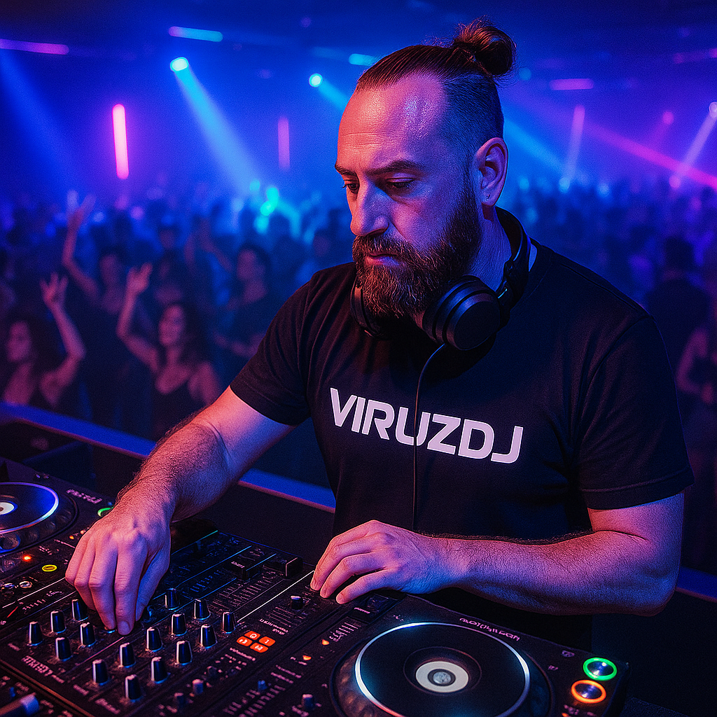 ViruzDJ dietro la consolle con luci neon blu e viola