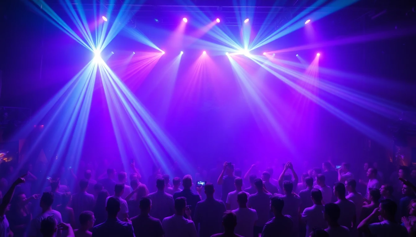Pubblico in club con luci blu e viola, atmosfera energetica