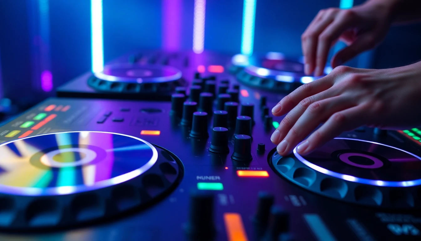 Consolle DJ con mixer e CDJ illuminati neon