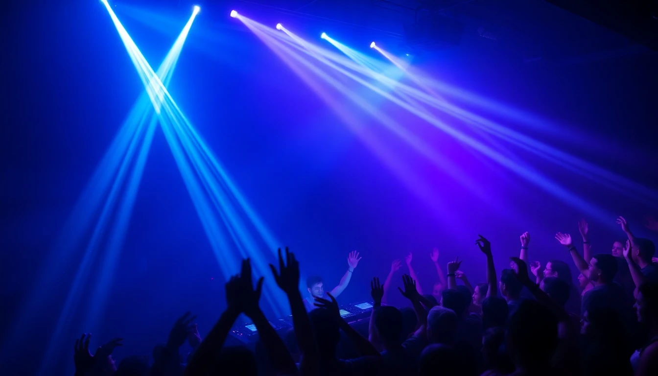 DJ set fotorealistico con luci blu e viola e pubblico in festa